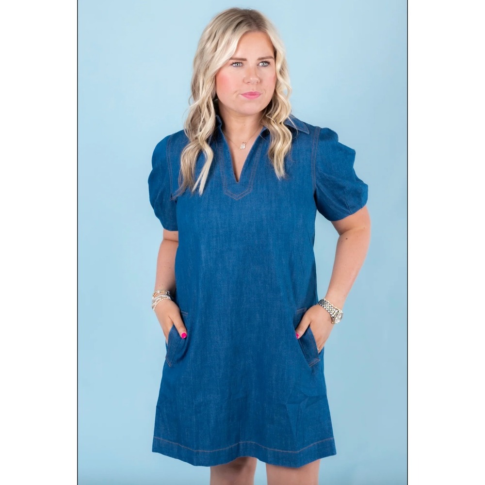 Current Air Anthropologie Denim Puff Sleeve‎ Mini Dress XL Pockets